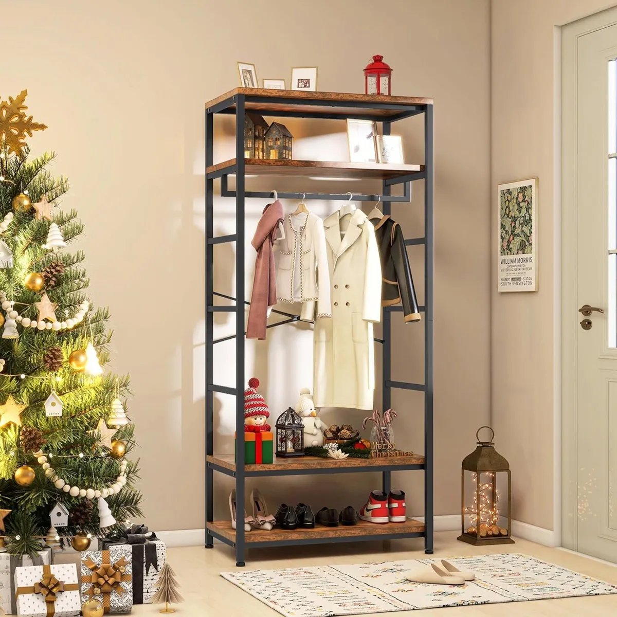 Coat Rack Tall Hall Tree Industrial Stand with 4 - Image 1
