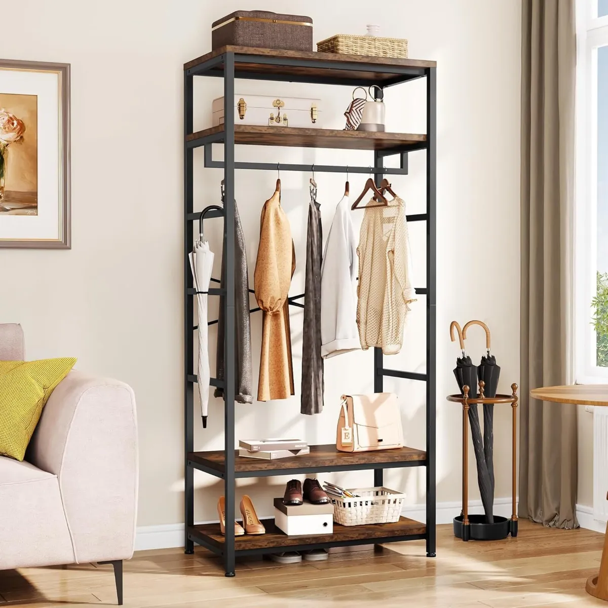 Coat Rack Tall Hall Tree Industrial Stand with 4 - Image 3