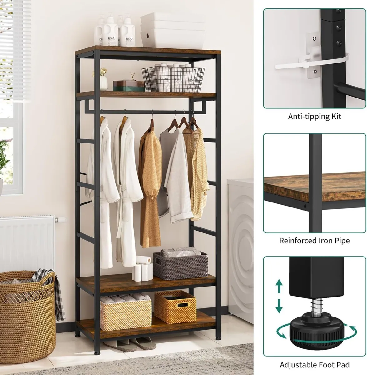 Coat Rack Tall Hall Tree Industrial Stand with 4 - Image 4