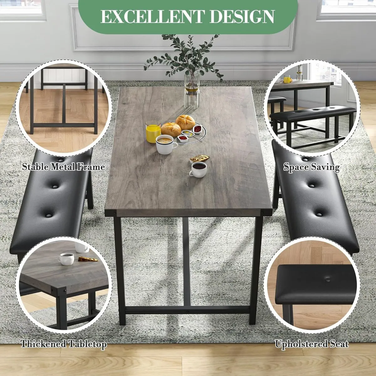 Modern Industrial 3-Piece Dining Table Set for 4 - Image 3