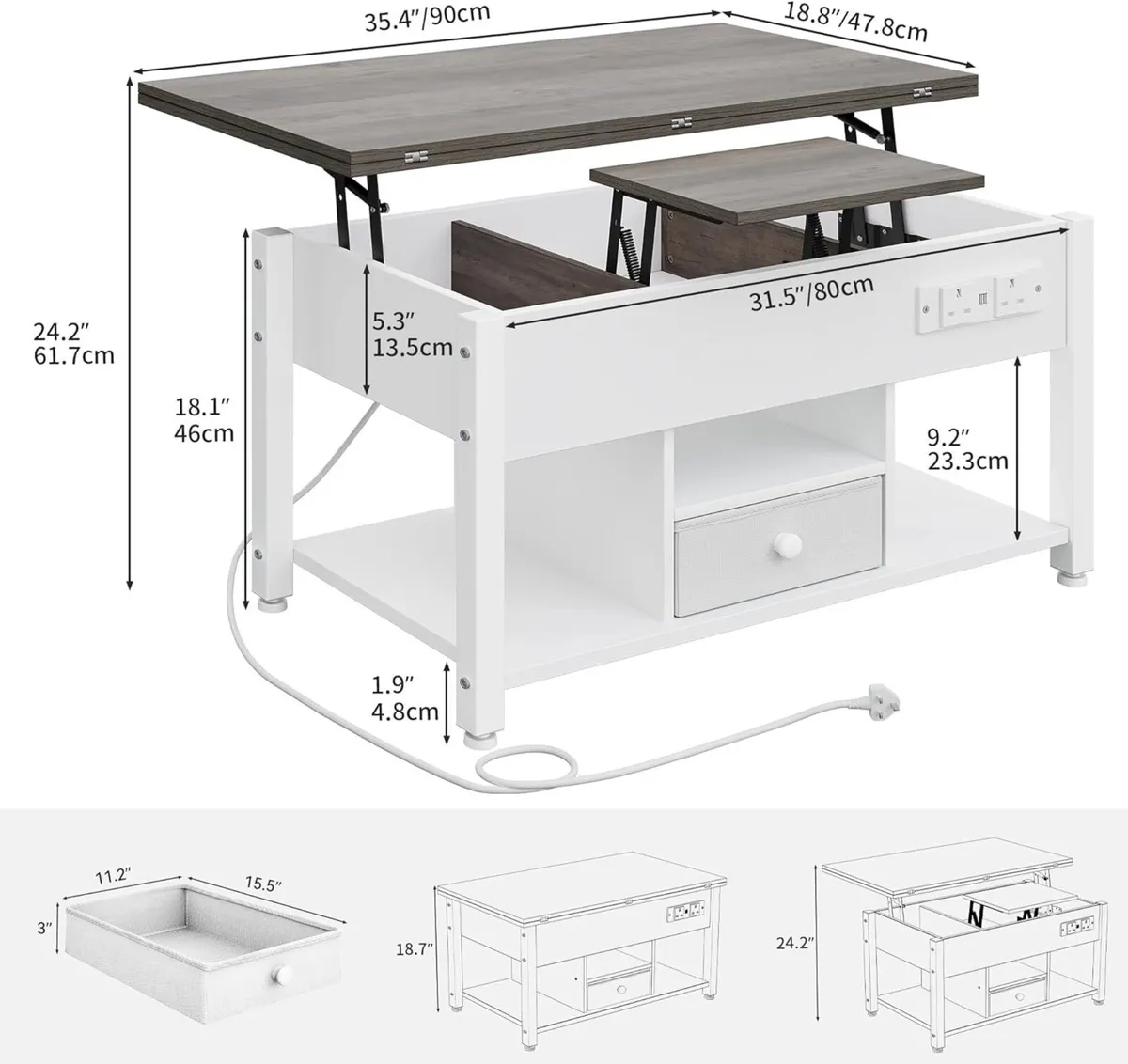 Folding Lift Top Coffee Table with Drawer 4-in-1 - Image 2