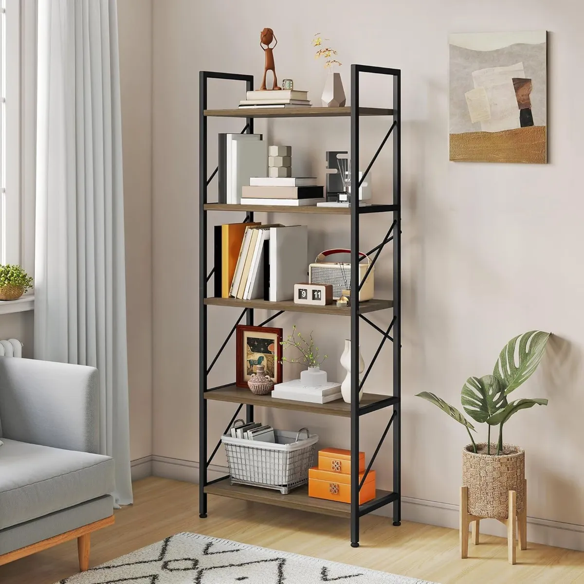 Bookshelf 5 Tiers Bookcase Tall Book shelf with - Image 1