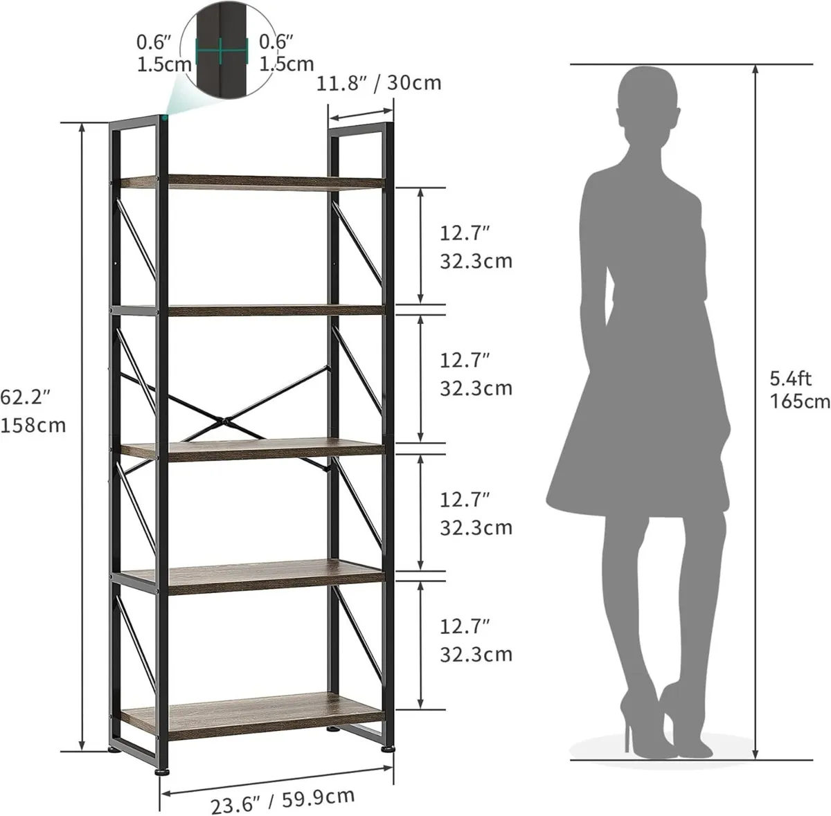 Bookshelf 5 Tiers Bookcase Tall Book shelf with - Image 2