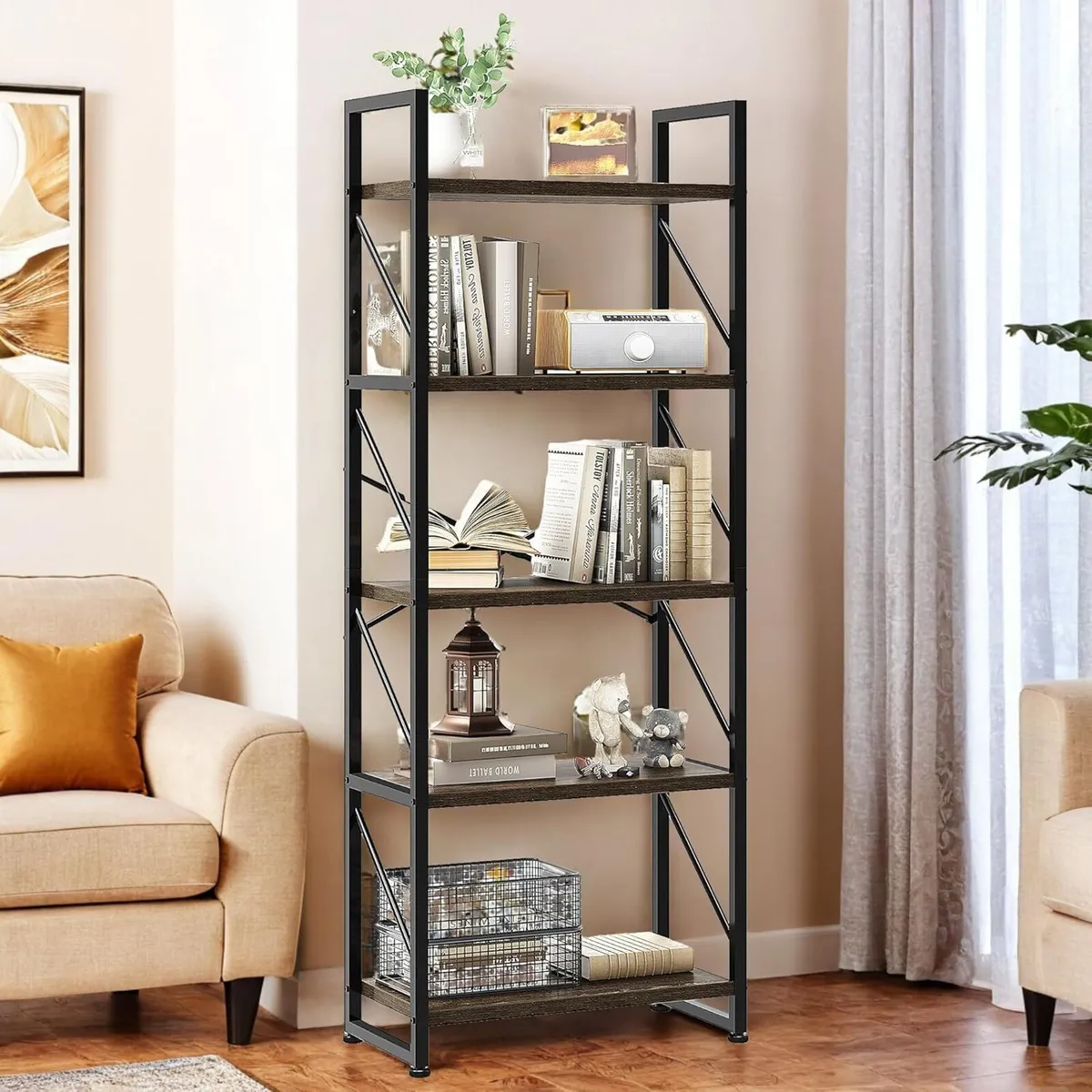 Bookshelf 5 Tiers Bookcase Tall Book shelf with - Image 3