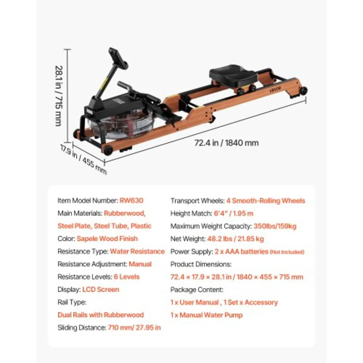 Water Rowing Machine, 6-Level Quiet Resistance, Wo - Image 3