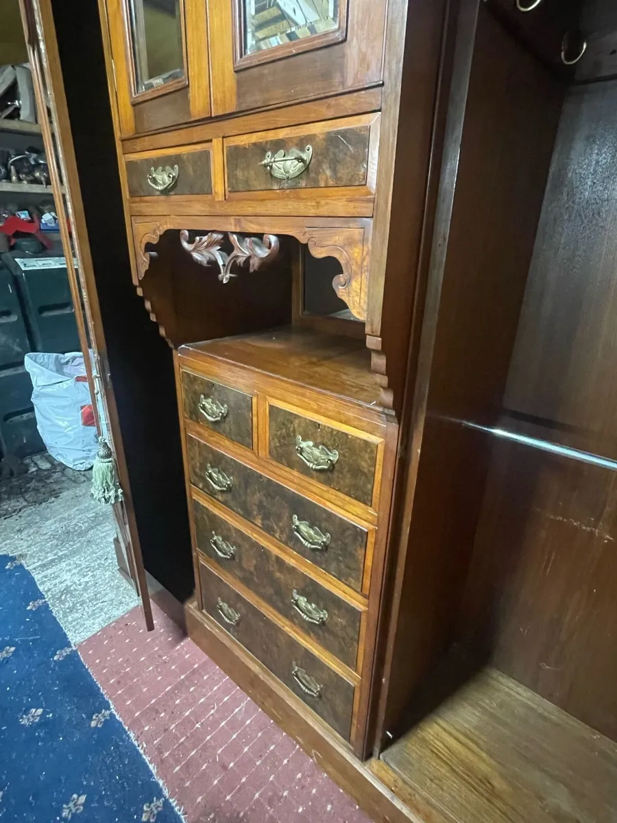 Late Victorian Walnut Triple Wardrobe - Image 4