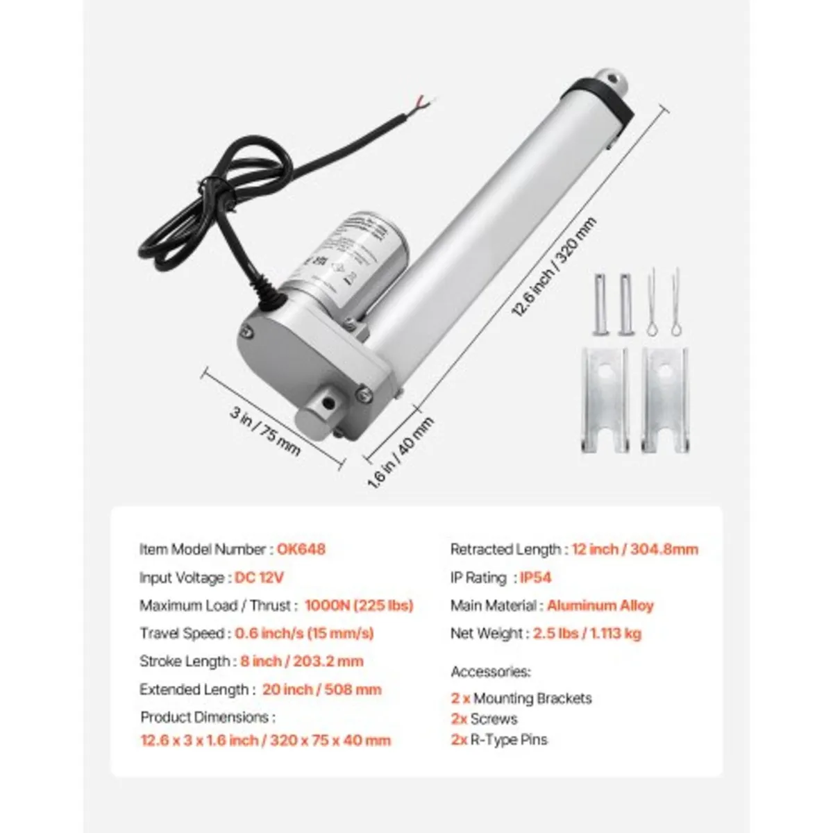 12V Linear Actuator, 203.2mm Stroke 15mm/s High-Sp - Image 4