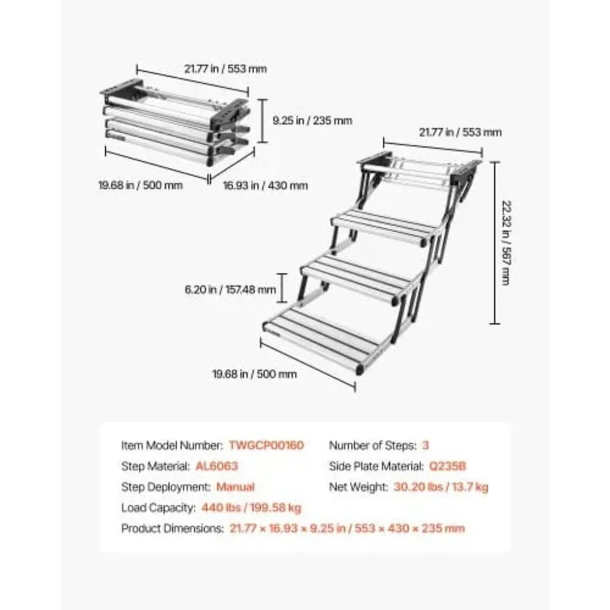 RV Steps, 3-Step, 200 kg Load Capacity, Manual Ret - Image 2