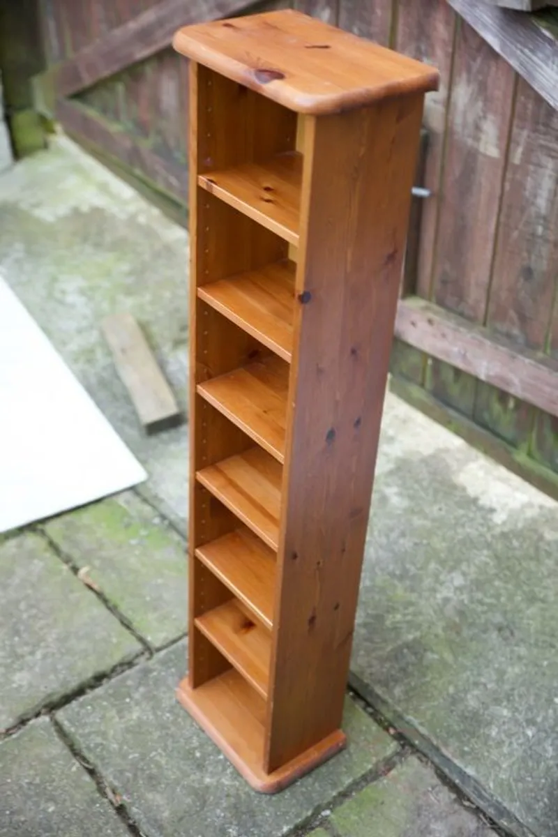 Slim Solid Pine CD/DVD Storage Tower Narrow Bookcase - Image 1
