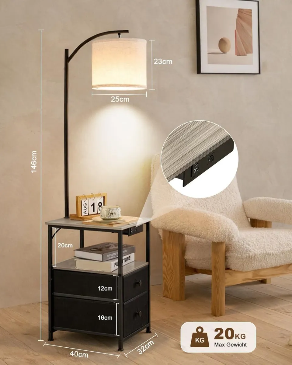 Floor Lamp with 2 Drawers Nightstand USB Type-C - Image 2