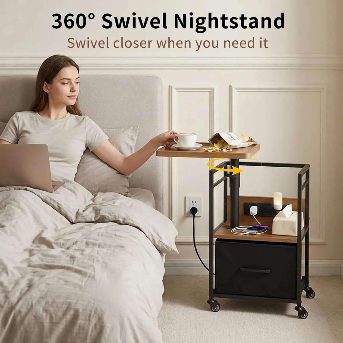 Solid Wood Bedside Table with Charging Station - Image 4