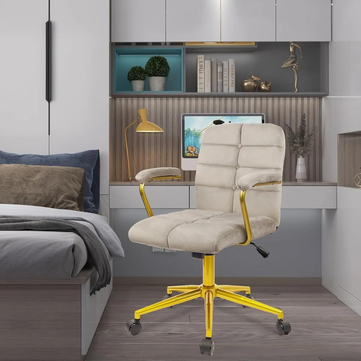 Velvet Home Office Desk Chair Fabric Upholstered - Image 2