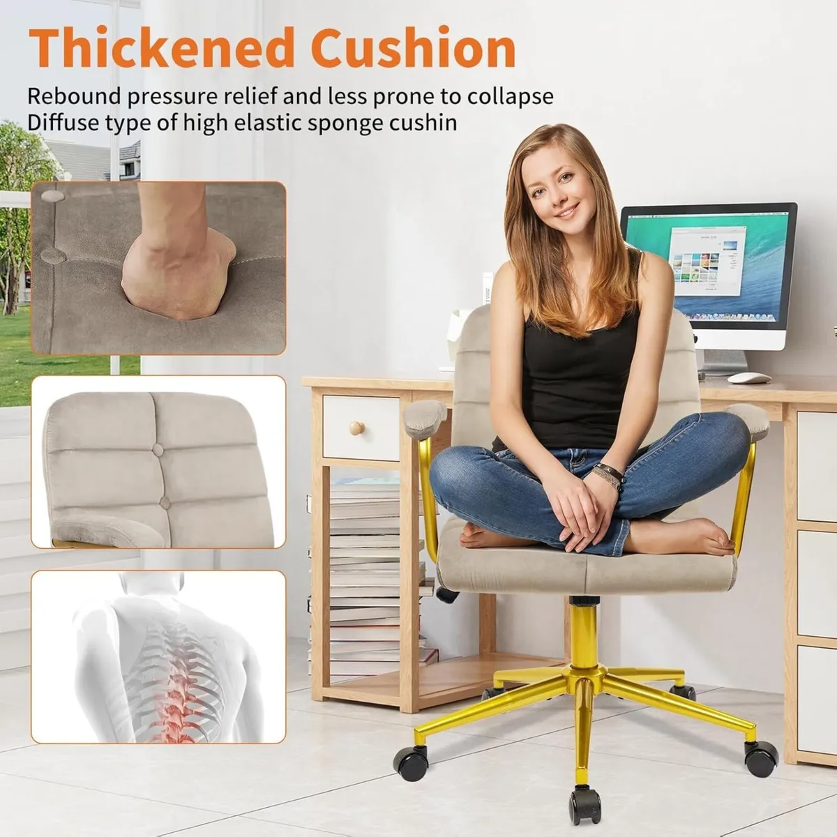 Velvet Home Office Desk Chair Fabric Upholstered - Image 4