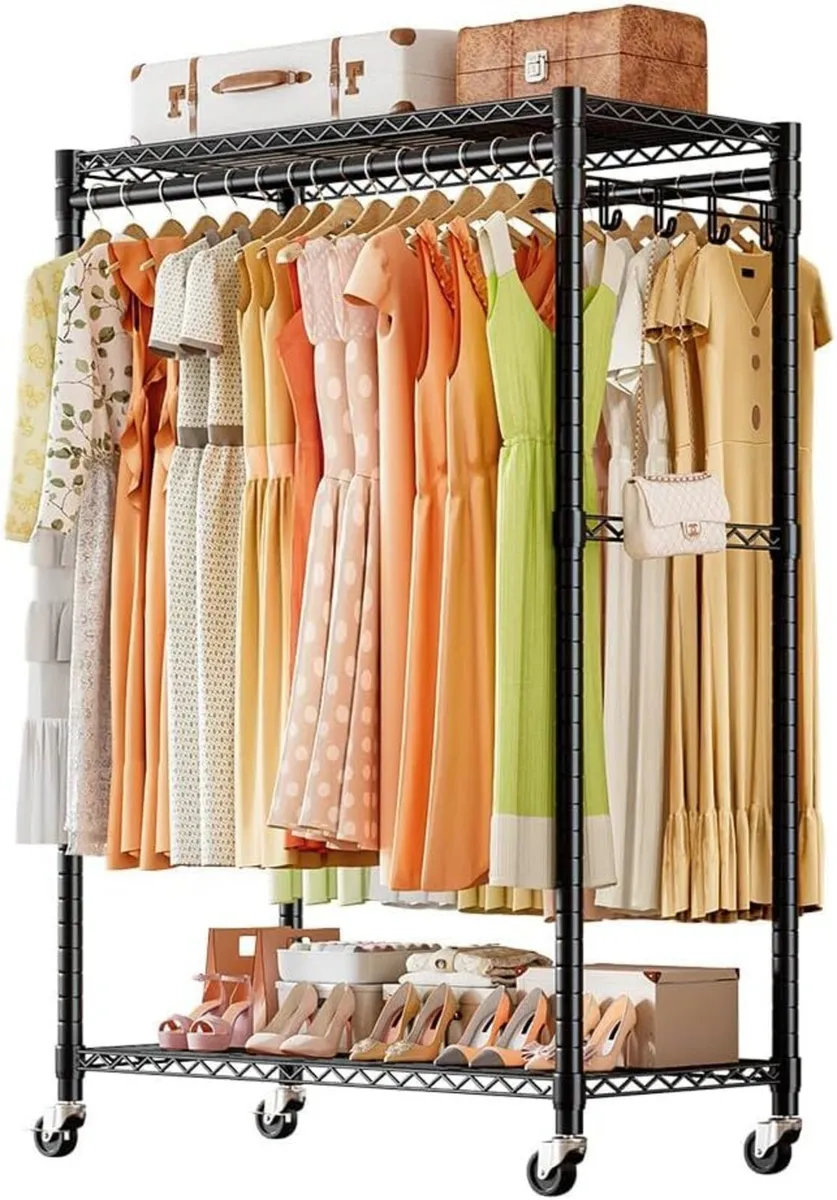 Clothes Rail with 4 Rods Heavy Duty Rolling - Image 1