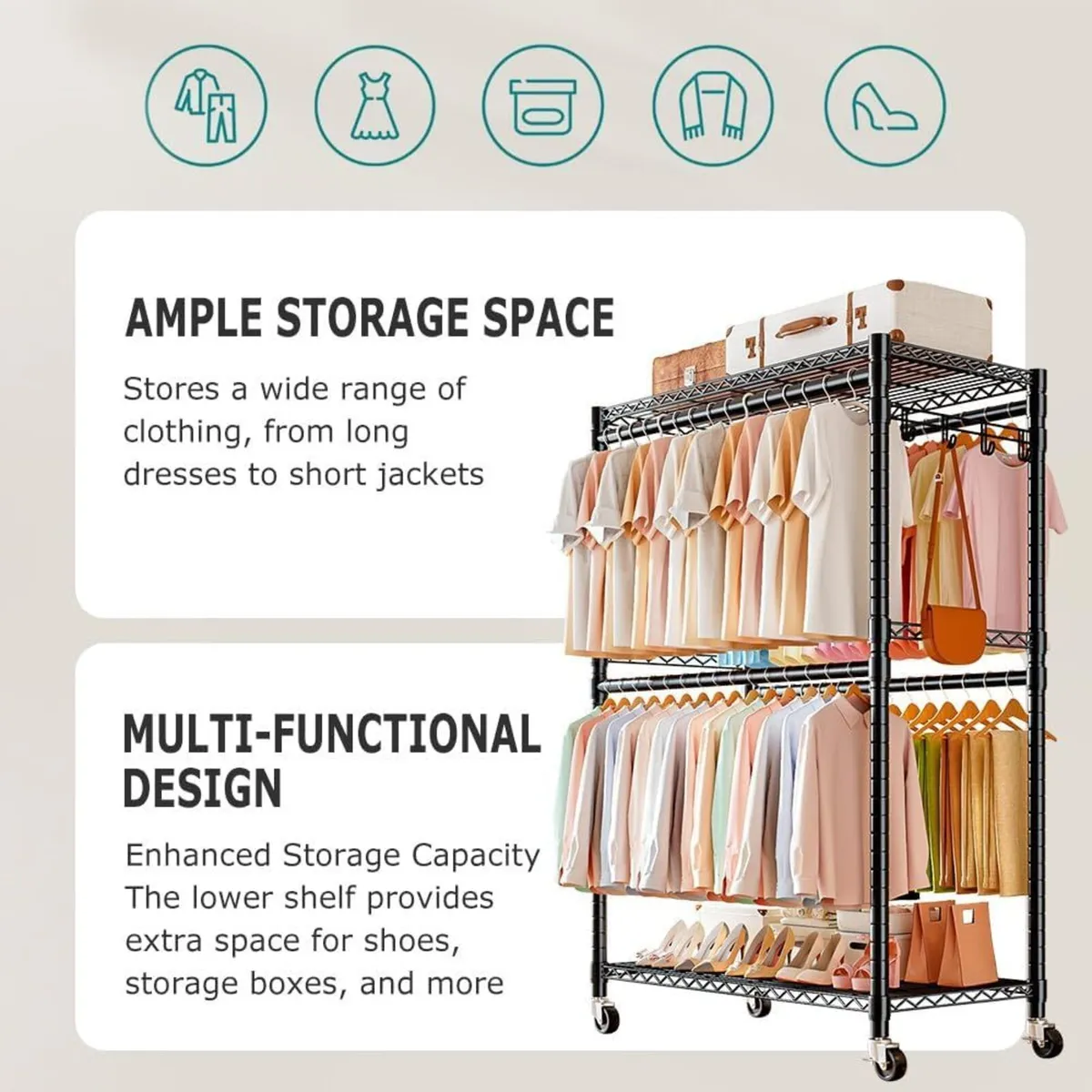 Clothes Rail with 4 Rods Heavy Duty Rolling - Image 3