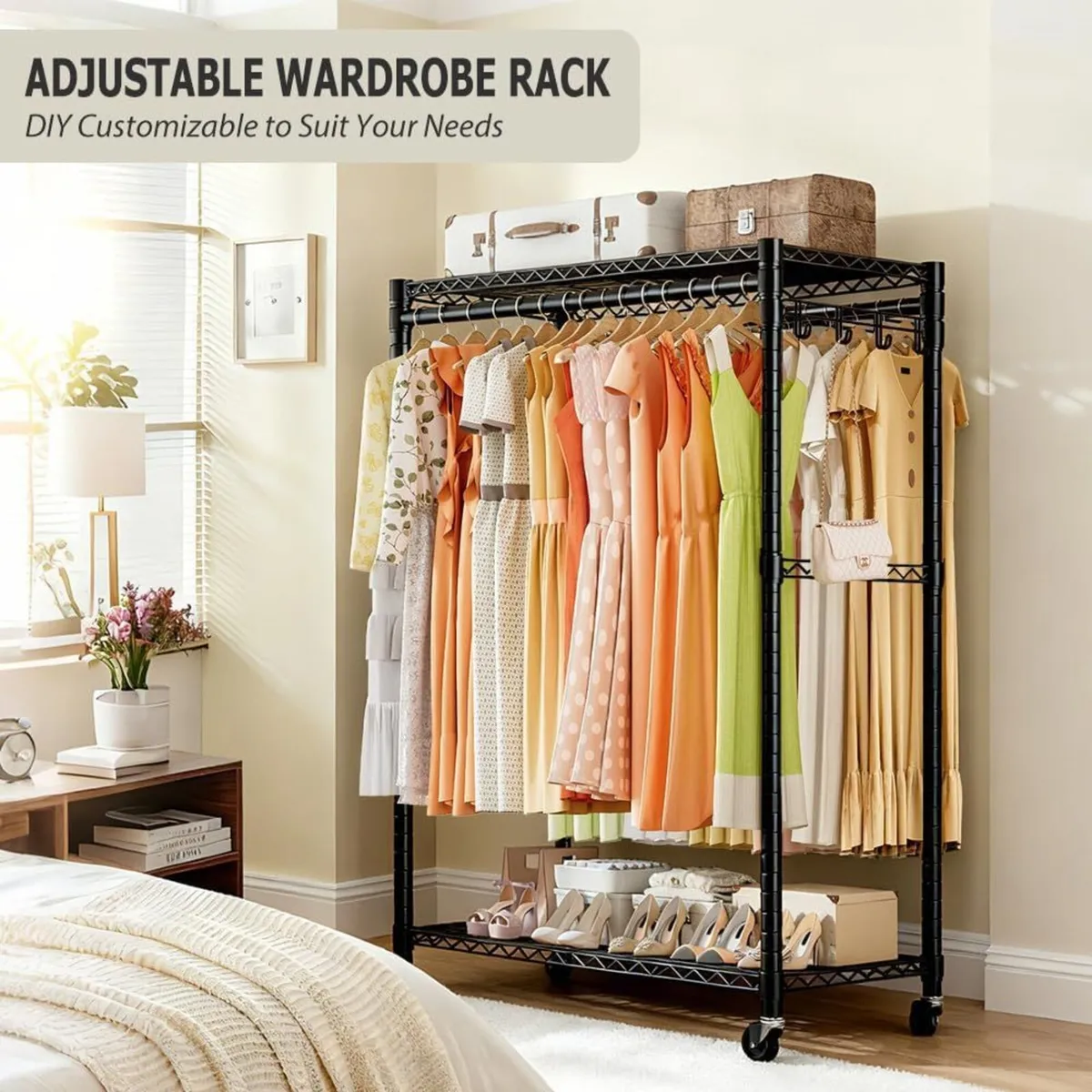 Clothes Rail with 4 Rods Heavy Duty Rolling - Image 4
