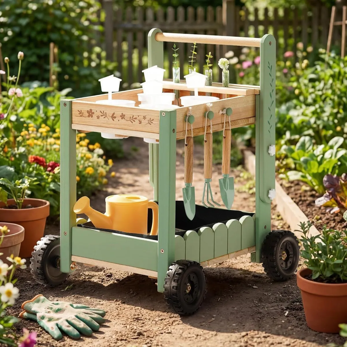 Wooden Garden Trolley for Kids Outdoor Gardening - Image 1