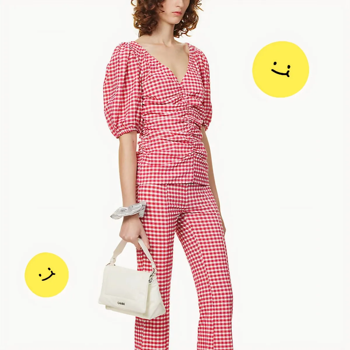 Ganni Red Pink White Gingham Ruched Top 20UK/48EU - Image 2