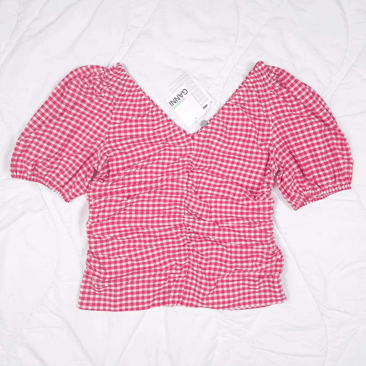 Ganni Red Pink White Gingham Ruched Top 20UK/48EU - Image 1