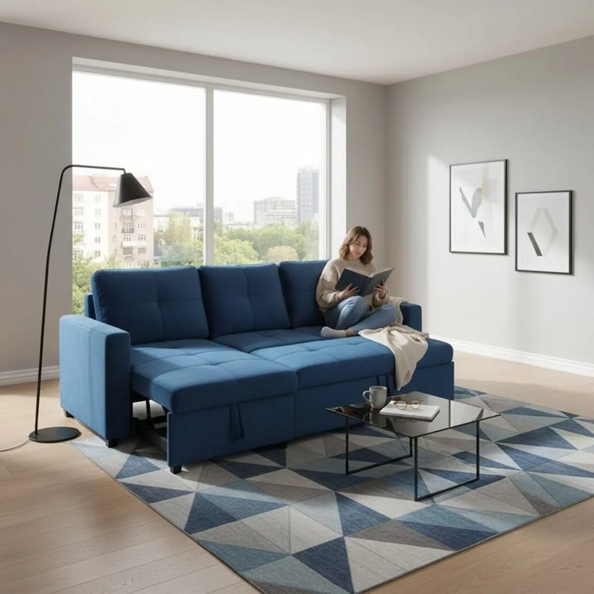 Blue Corner Sofa Bed Storage,215cm - Image 3