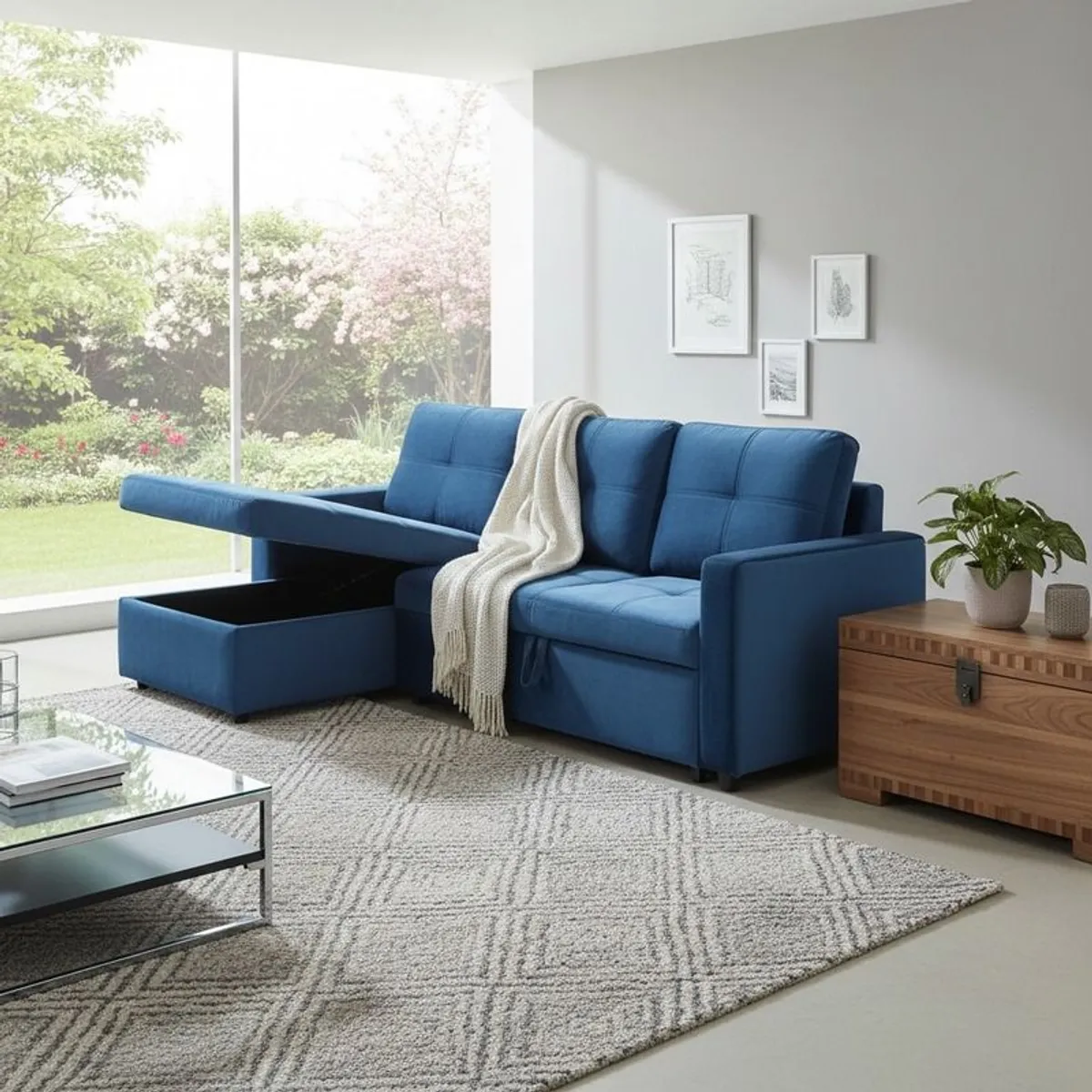 Blue Corner Sofa Bed Storage,215cm - Image 4