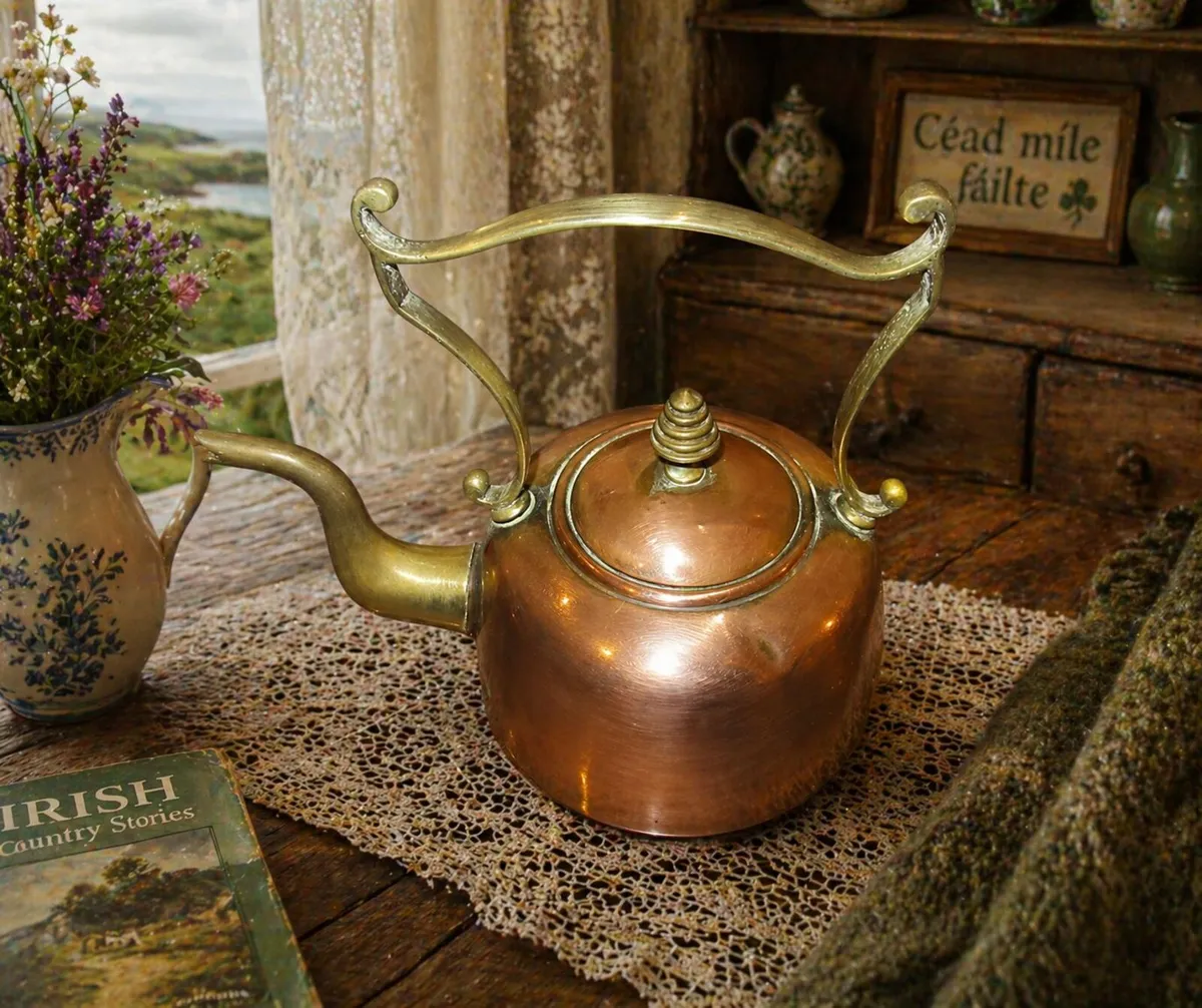 antique copper brass Kettle teapot RARE cottage - Image 1