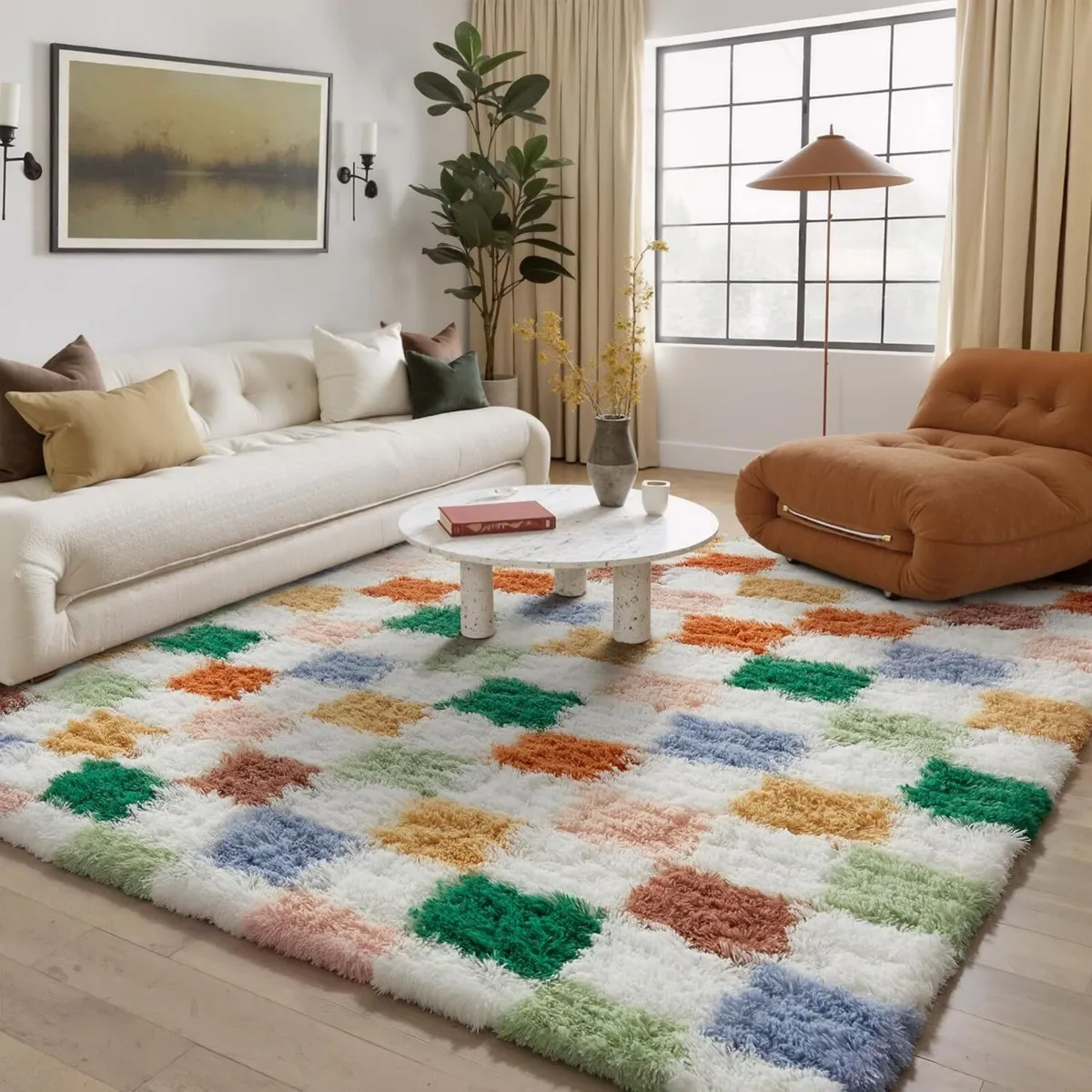 Fluffy Checkered Rugs Living Room Large Area Rug - Image 1