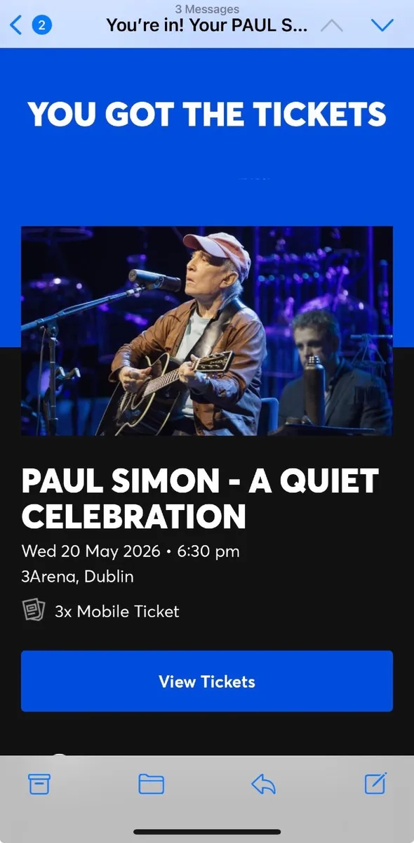 3 Tickets for Paul Simon @ 3Arena - great view