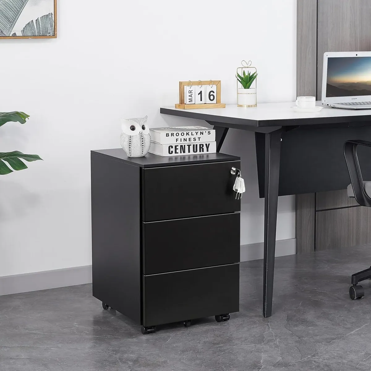 3-Drawer Mobile Filing Cabinet with Lock Steel - Image 2