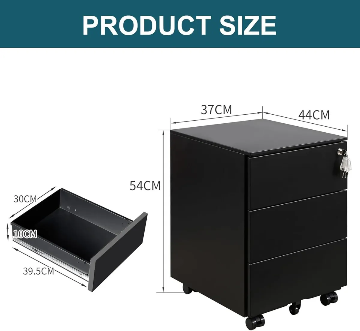 3-Drawer Mobile Filing Cabinet with Lock Steel - Image 3