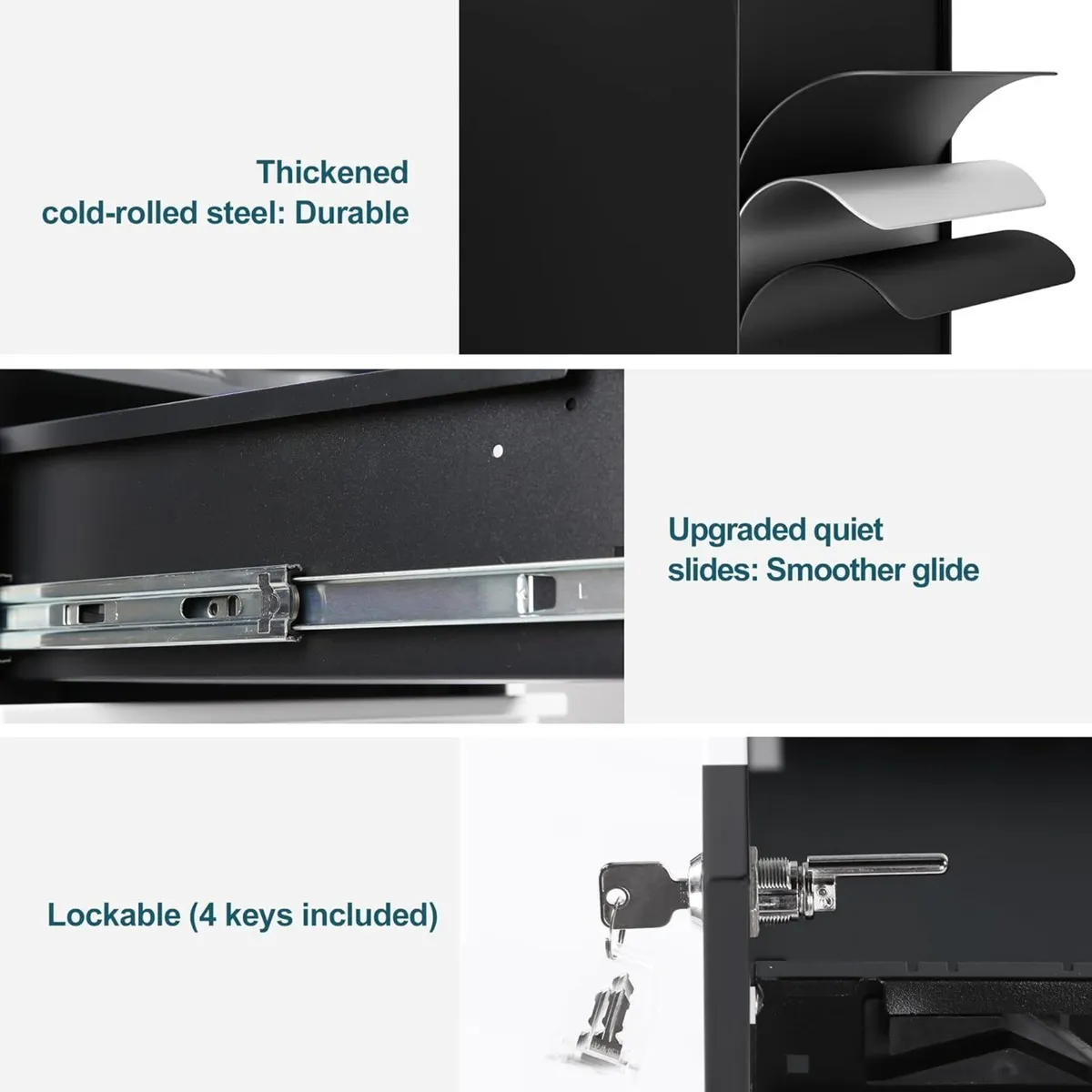 3-Drawer Mobile Filing Cabinet with Lock Steel - Image 4