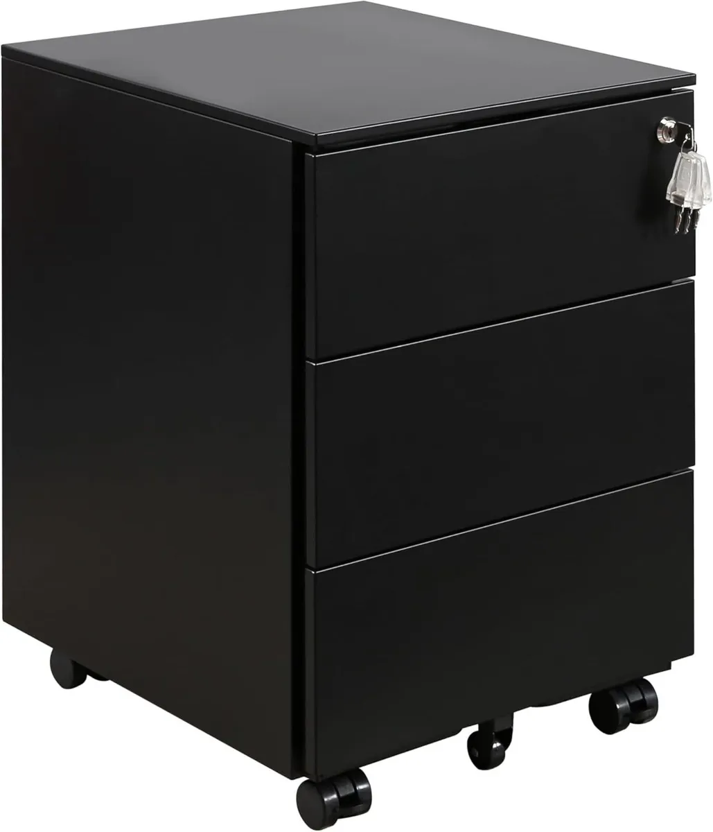 3-Drawer Mobile Filing Cabinet with Lock Steel - Image 1