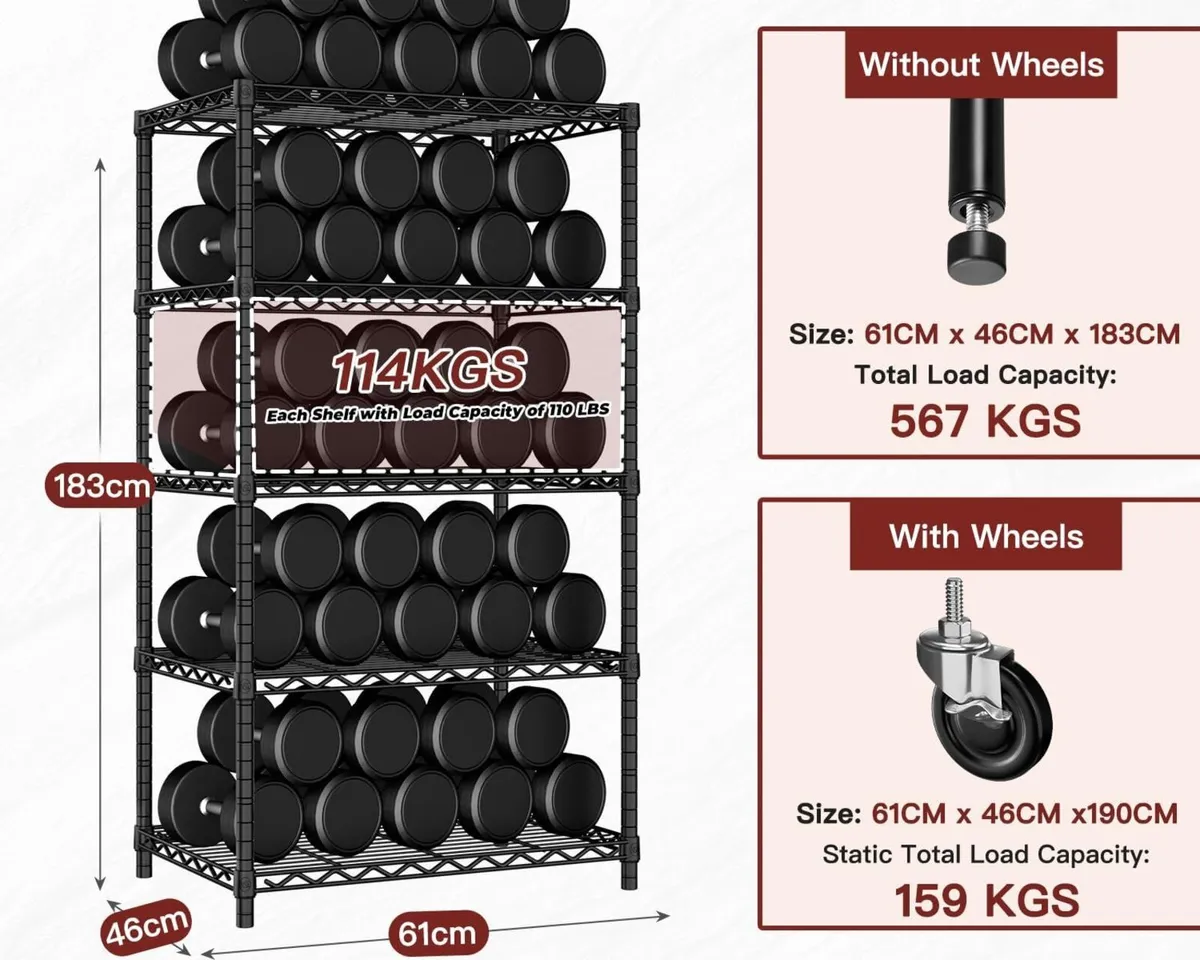 61cm x 46cm 183cm Wire Shelf with Wheels 5 Tier - Image 3