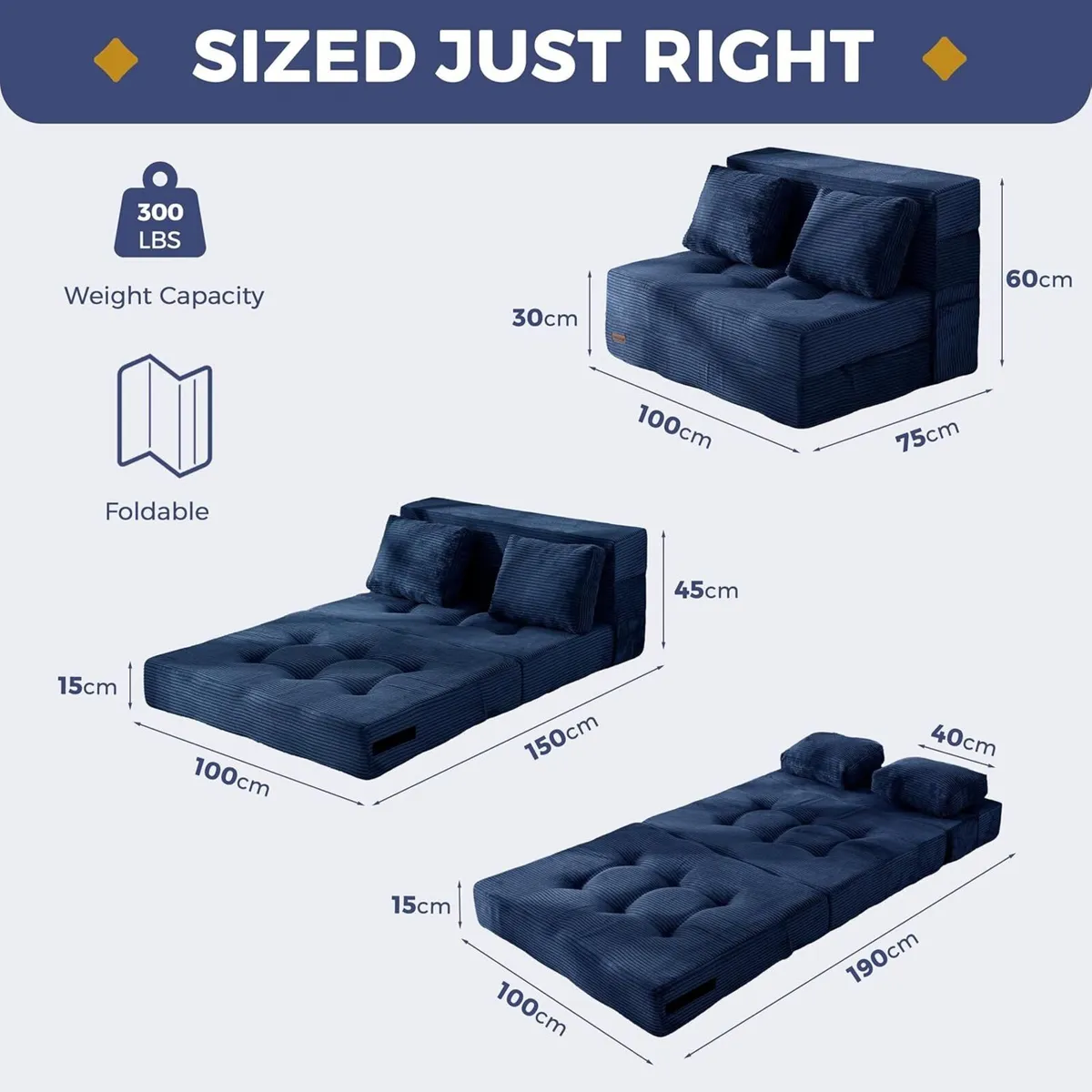 Folding Foam Sofa Bed Tri-Fold Mattress with 2 - Image 2