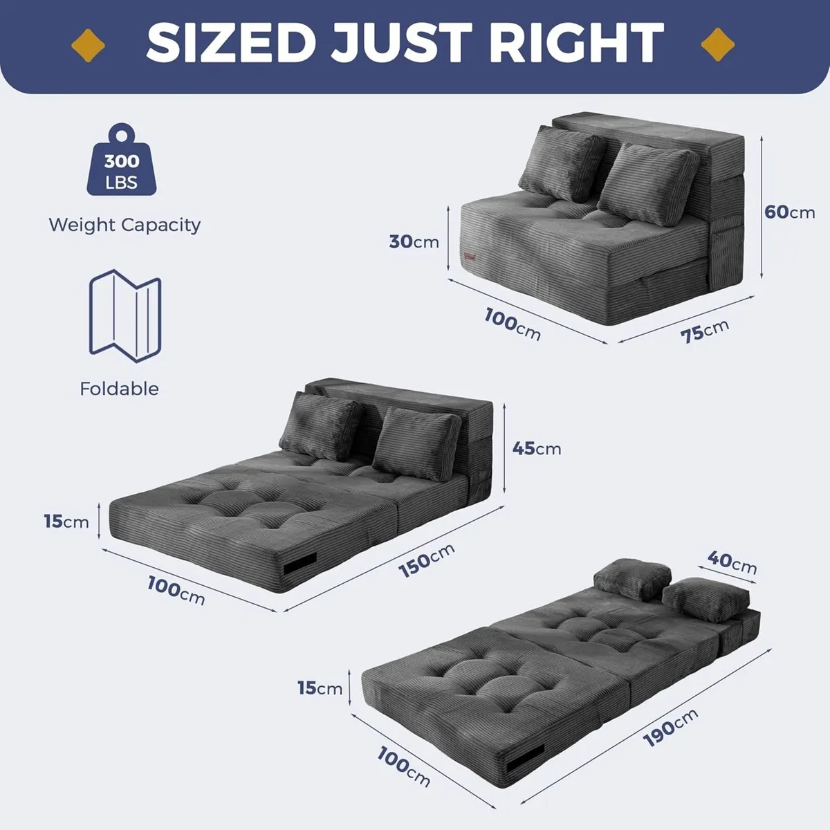 Folding Foam Sofa Bed Tri-Fold Mattress with 2 - Image 2
