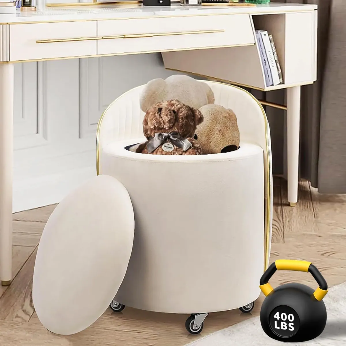 Round Storage Ottoman Upholstered Velvet Vanity - Image 1