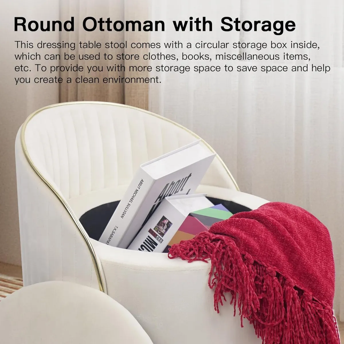 Round Storage Ottoman Upholstered Velvet Vanity - Image 3