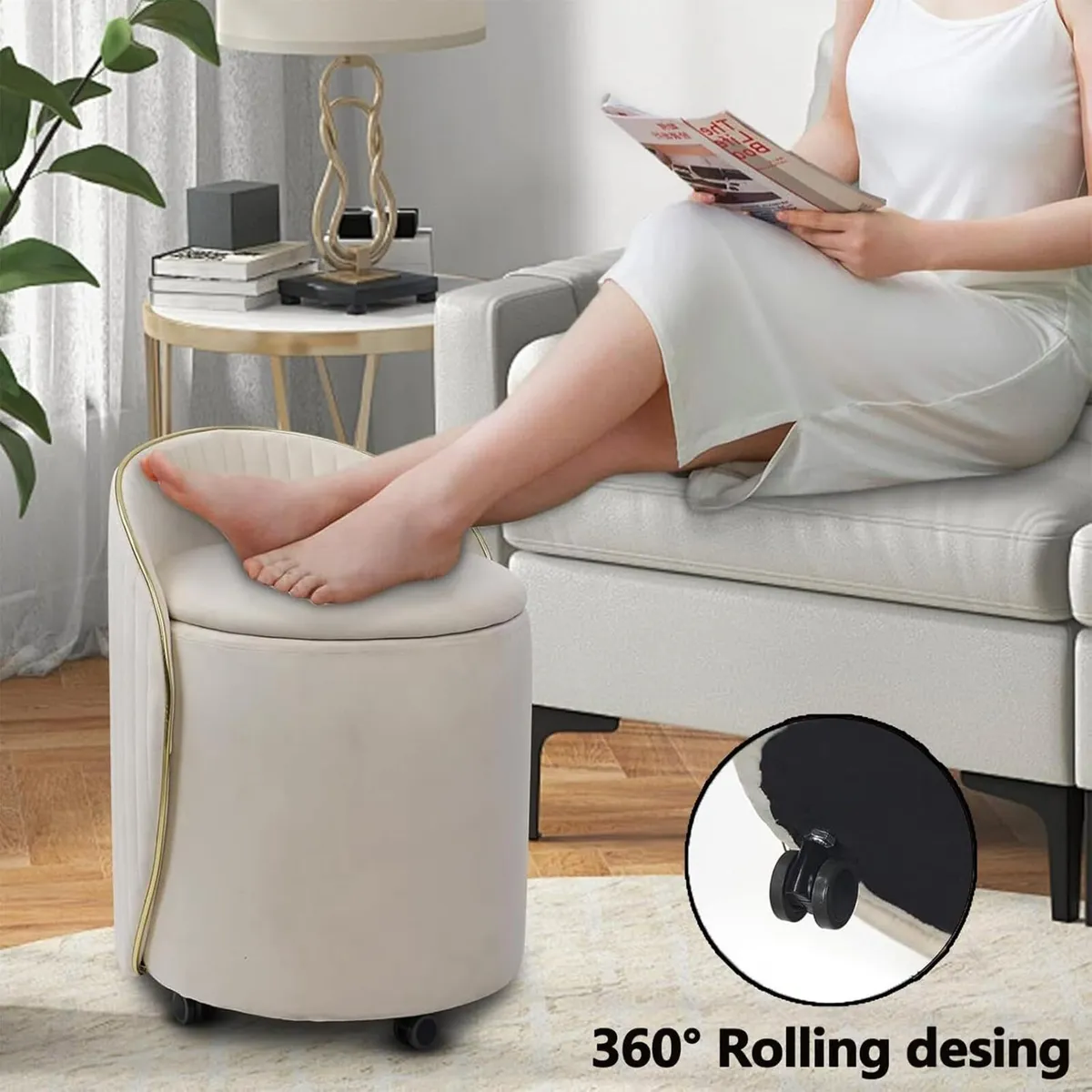 Round Storage Ottoman Upholstered Velvet Vanity - Image 4