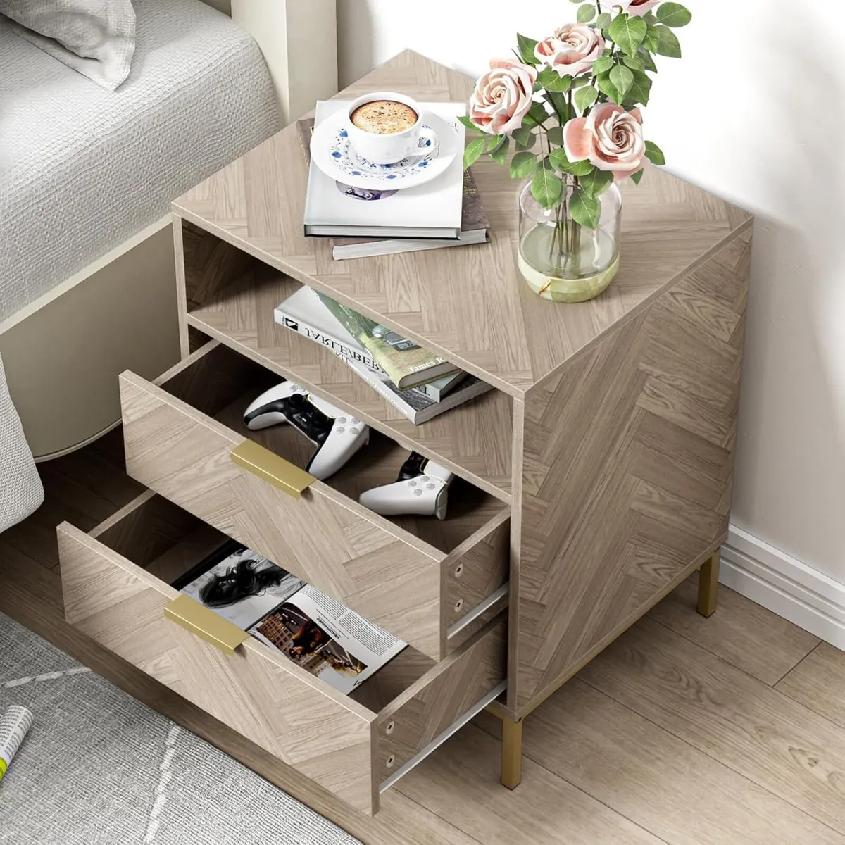 Bedside Table with2 Drawers and Storage Shelf - Image 3
