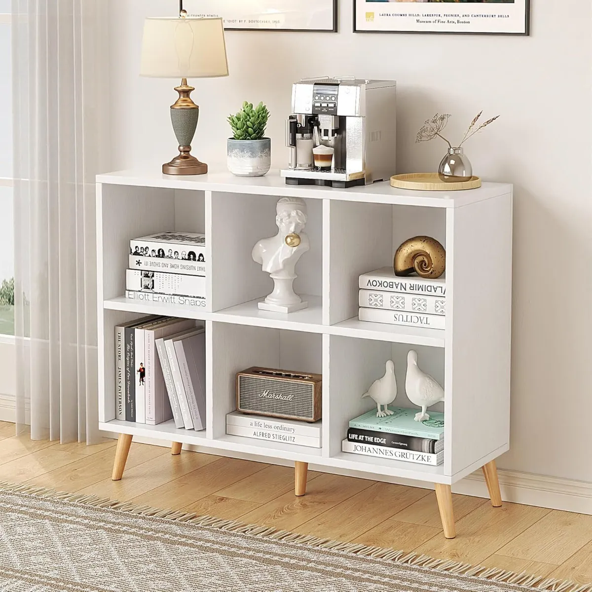 6-Cube Bookshelf 2 Tier Modern Bookcase with Legs - Image 2