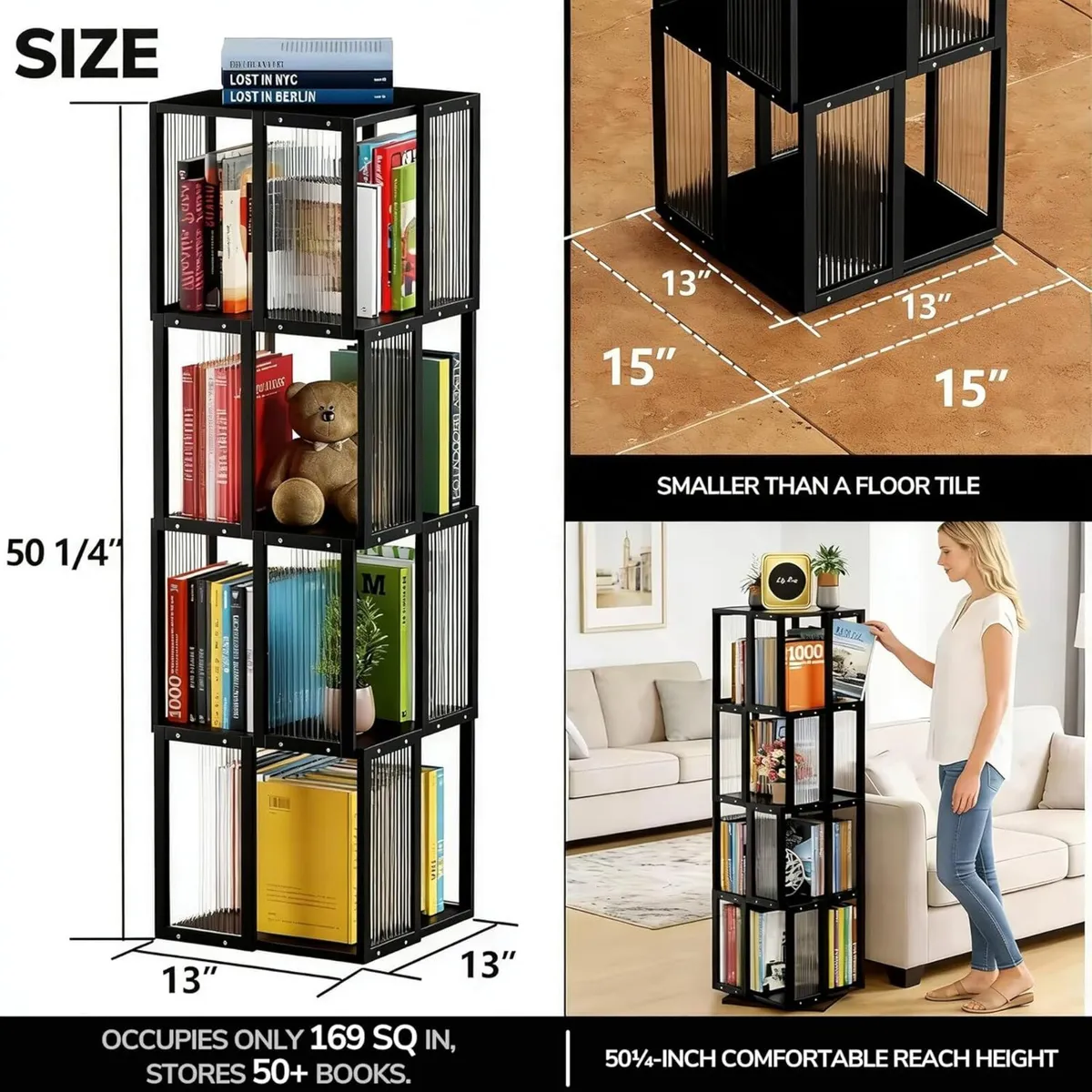 Solid Wood Rotating Bookshelf Tower 4 Tier，360degr - Image 3