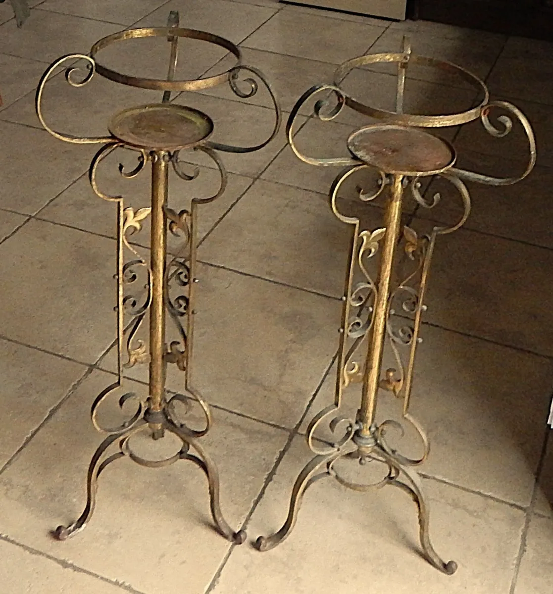 Pair of Ornate Vintage Brass Church Plant Stands - Image 1