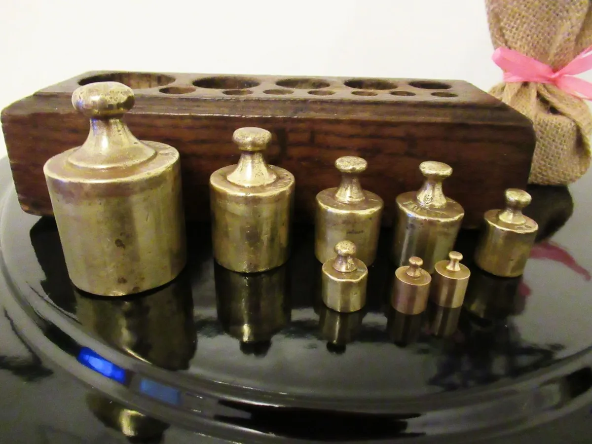 antique brass weights cottage scales vintage cave - Image 1