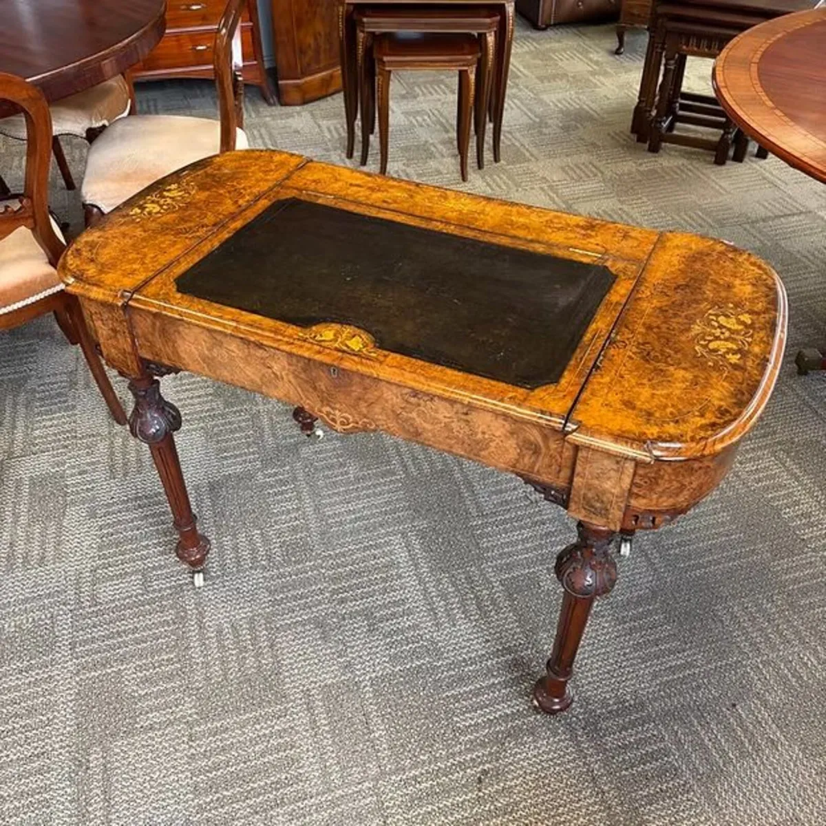 Victorian inlaid burr walnut writing table. C.1860