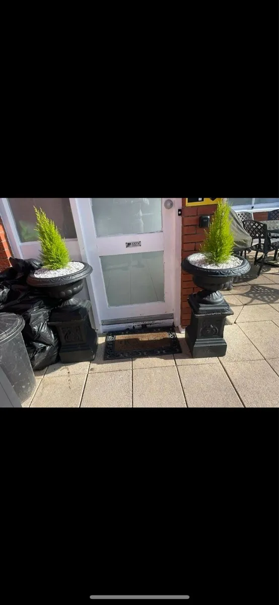 2 concrete flower pots + stands - Image 1