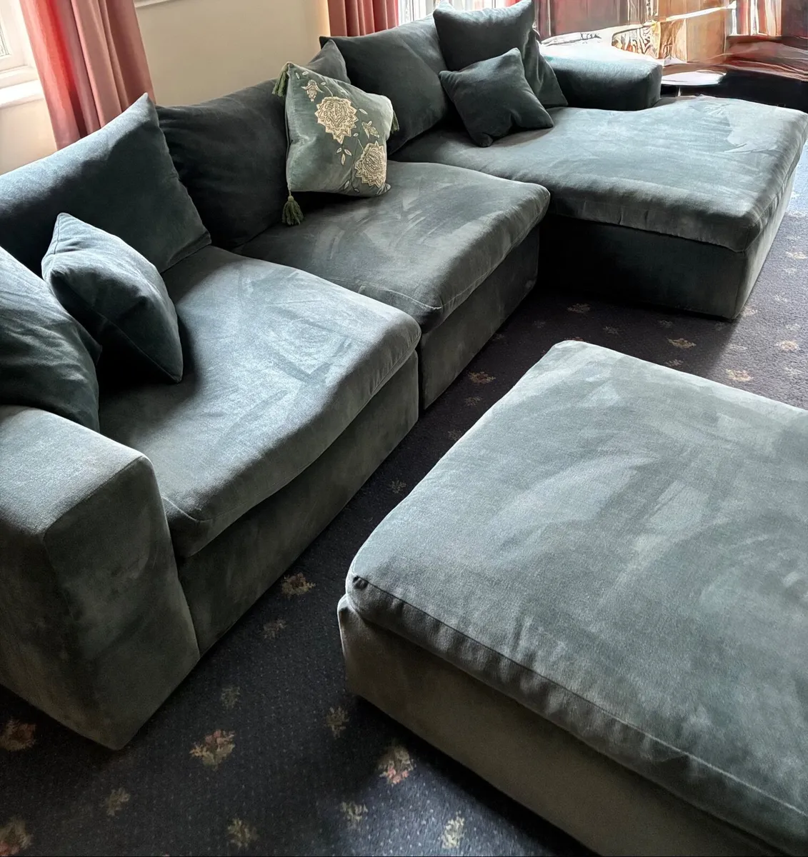 Sofa with chaise lounge and footstool - Image 4