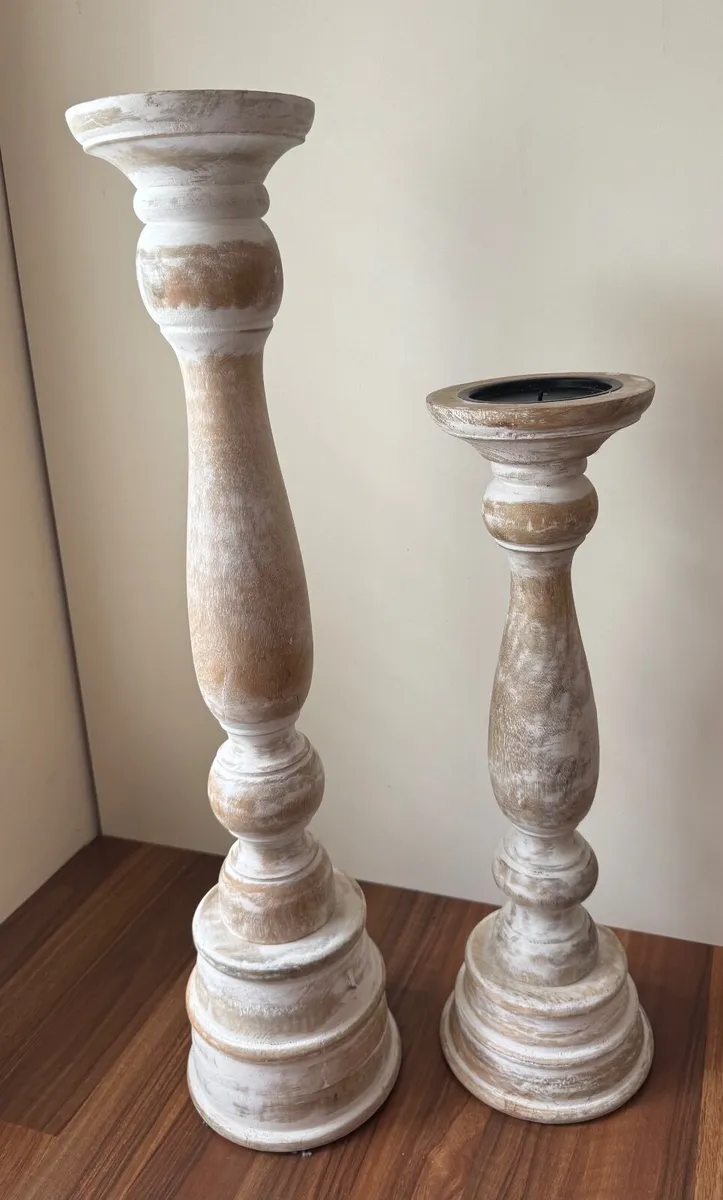 Pair of Rustic Distressed Wooden Candle Holders - Image 1