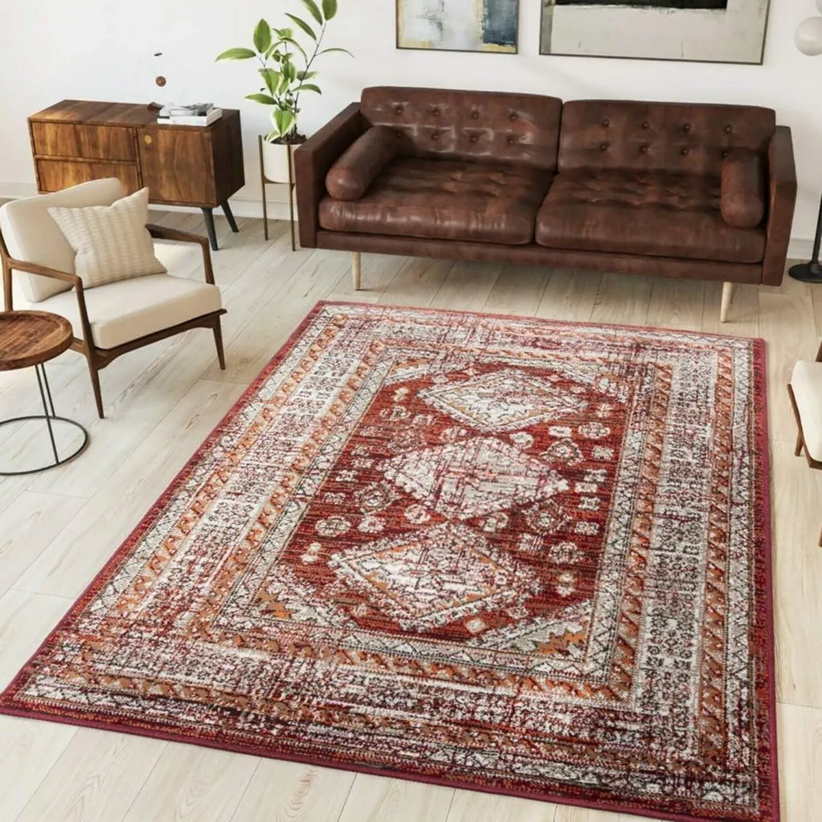 Traditional Red Brown Cream Rug Distressed Luxury - Image 1