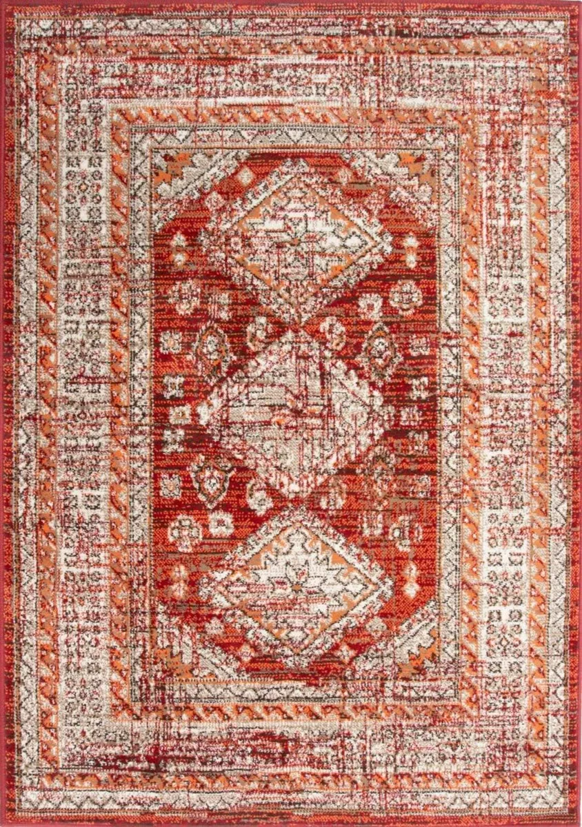 Traditional Red Brown Cream Rug Distressed Luxury - Image 2