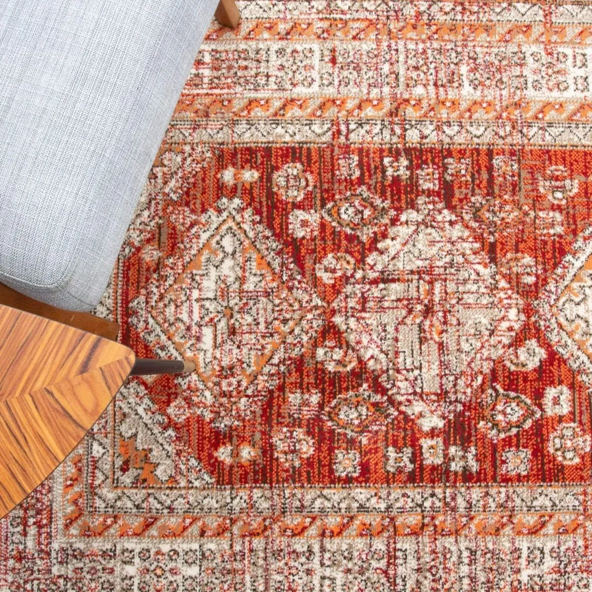 Traditional Red Brown Cream Rug Distressed Luxury - Image 3